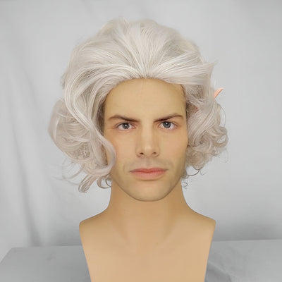 Men Silver White Cosplay Wig Short Curly Bouncy Slicked Back Anime Style With Ears