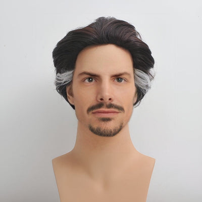 Men Dark Brown Movie Cosplay Wig Mix White Highlight Slicked Comic Con Party Carnival Synthetic Hair