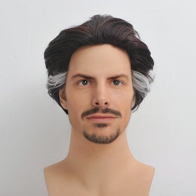 Men Dark Brown Movie Cosplay Wig Mix White Highlight Slicked Comic Con Party Carnival Synthetic Hair