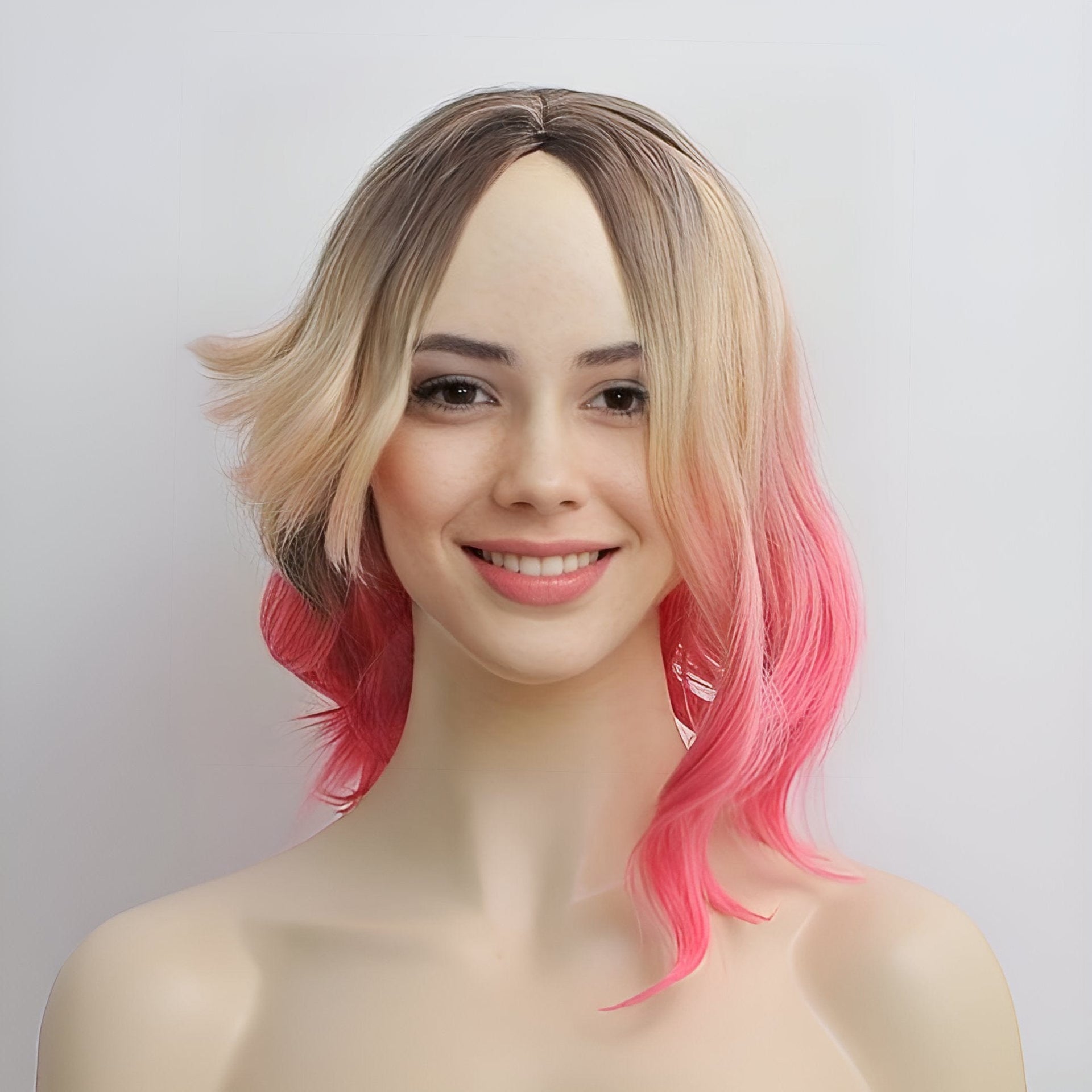 Gwen Stacy cosplay wig blonde ombre pink dark root wavy