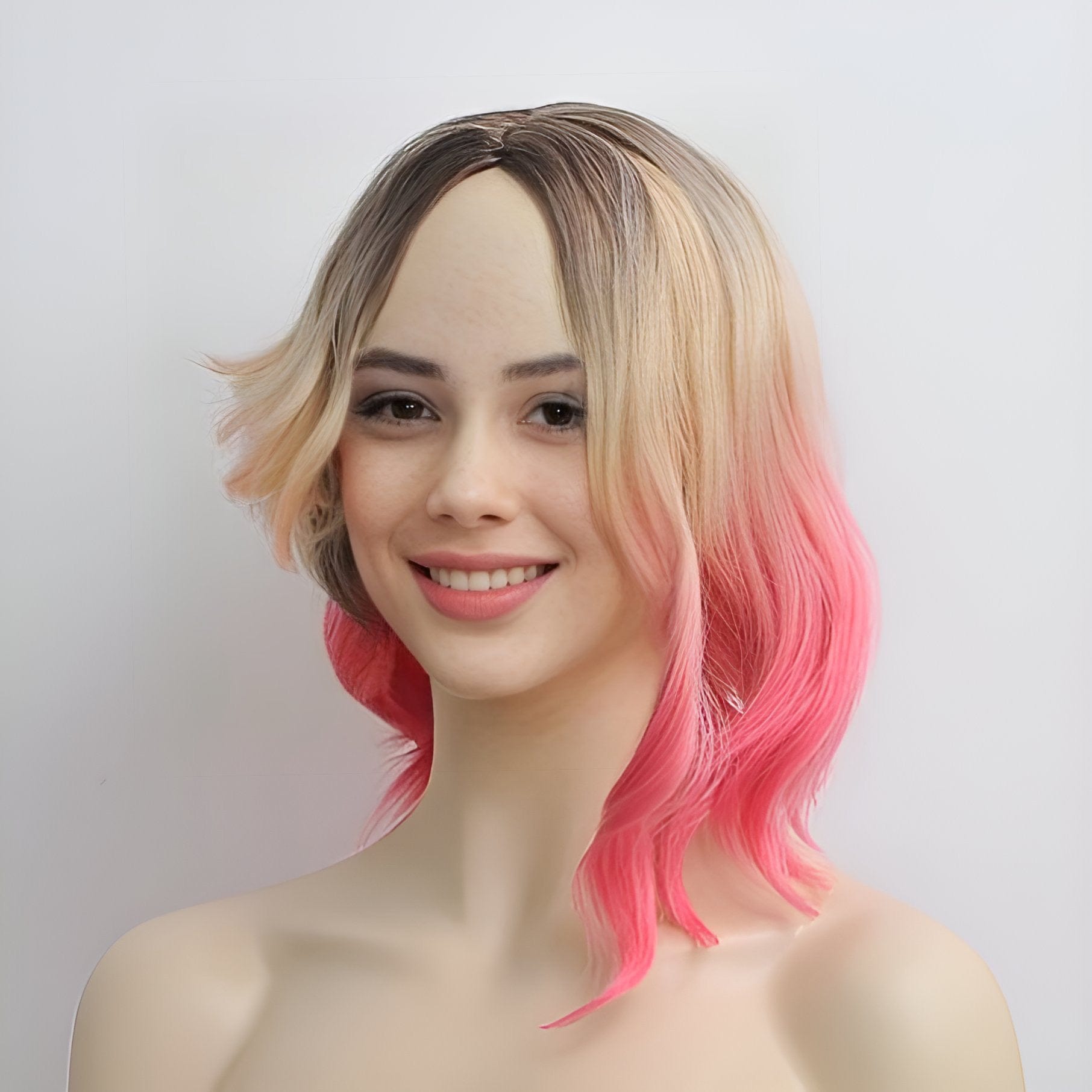 Gwen Stacy cosplay wig blonde ombre pink dark root wavy