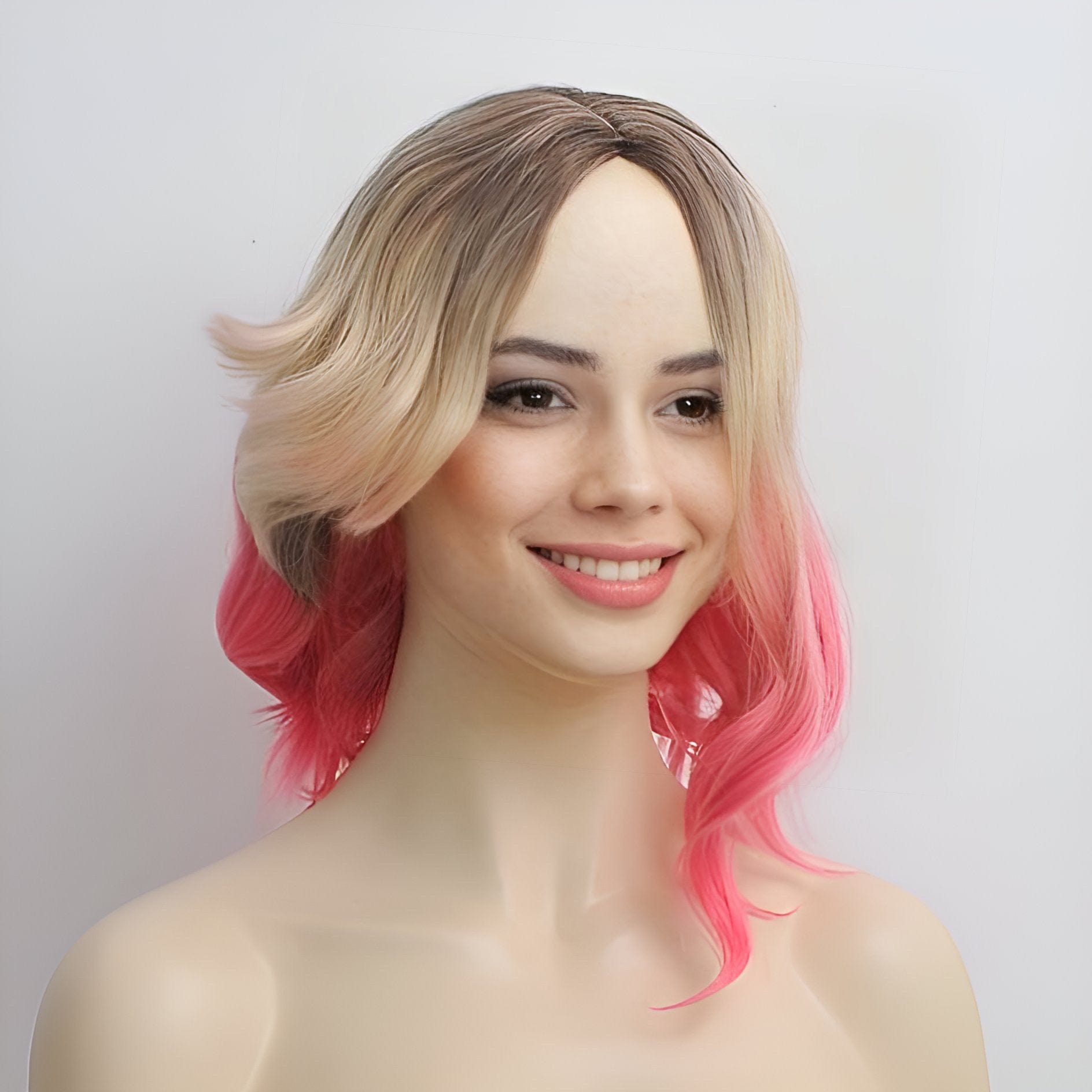 Gwen Stacy cosplay wig blonde ombre pink dark root wavy 4