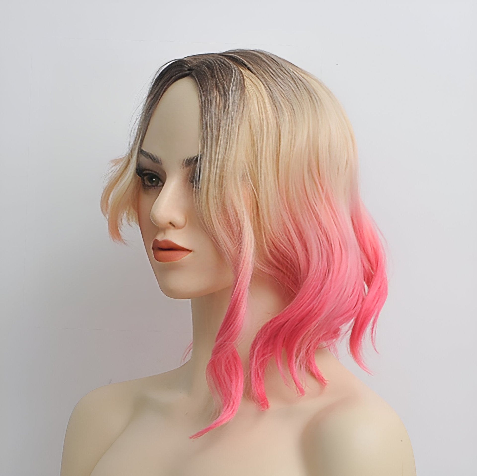 Gwen Stacy cosplay wig blonde ombre pink dark root wavy