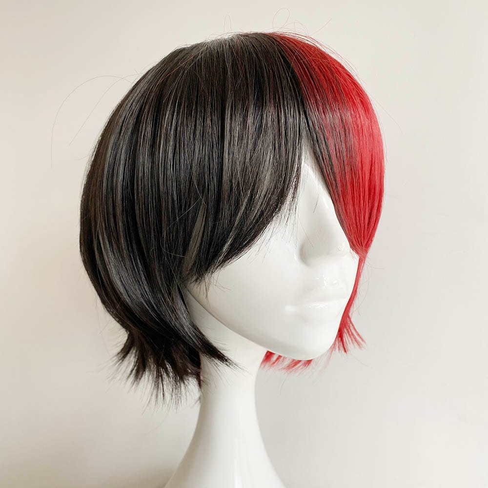 nevermindyrhead Black Red Two Tone Cosplay Wig Unisex Split Color Long Bangs Short Straight Anime
