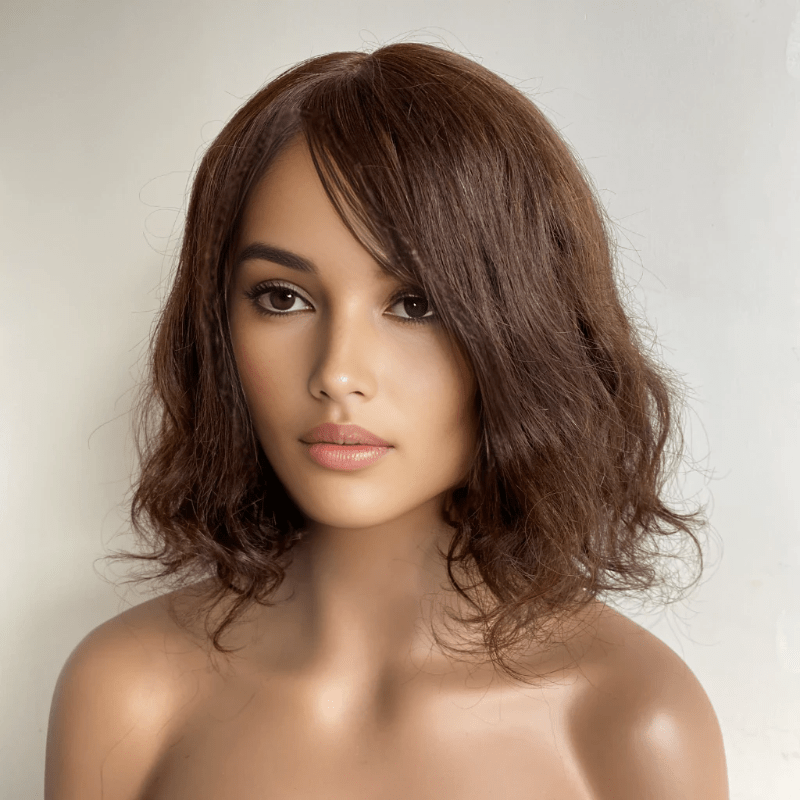 nevermindyrhead Dark Brown Human Hair Wig For Women Long Bangs Short Bob Curly Hair