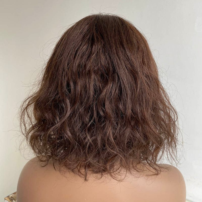 nevermindyrhead Dark Brown Human Hair Wig For Women Long Bangs Short Bob Curly Hair