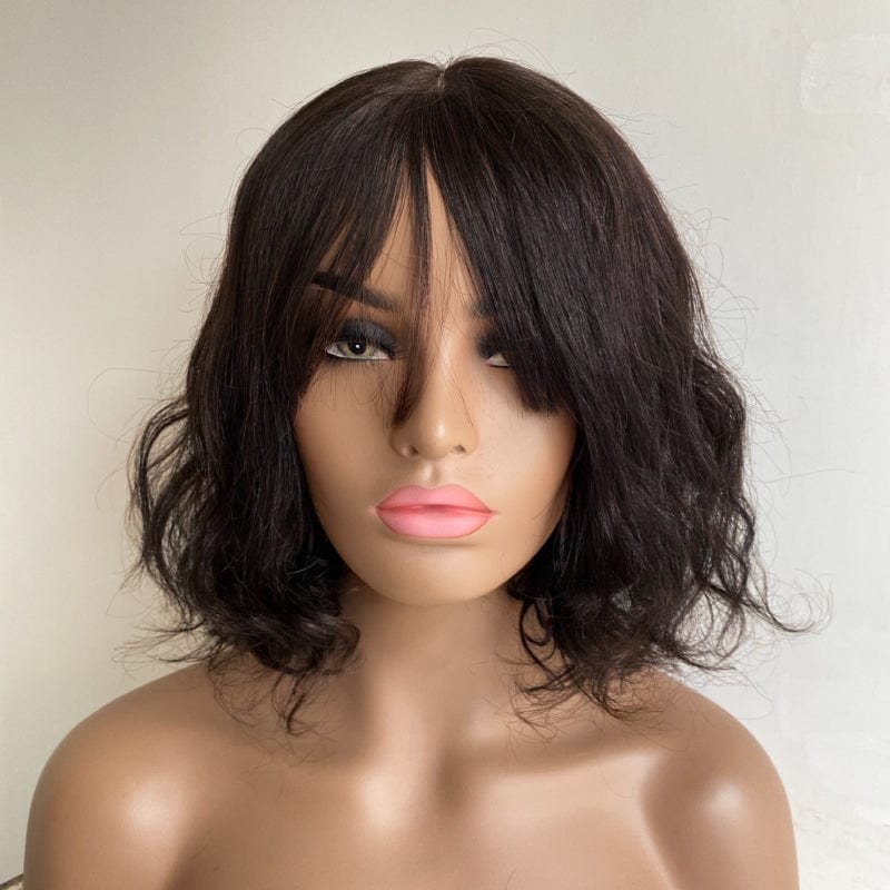 nevermindyrhead Dark Brown Human Hair Wig For Women Long Bangs Short Bob Curly Hair Black
