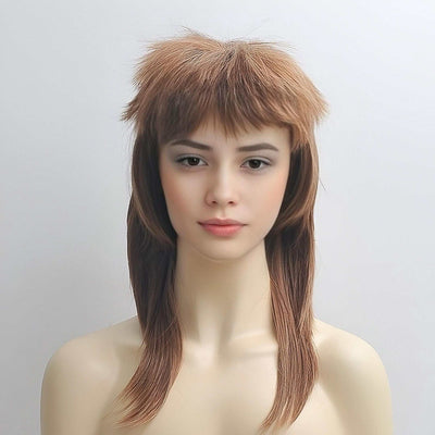 Emo Brown Mullet Wolf Cut Wig For Women Long Straight With Bangs