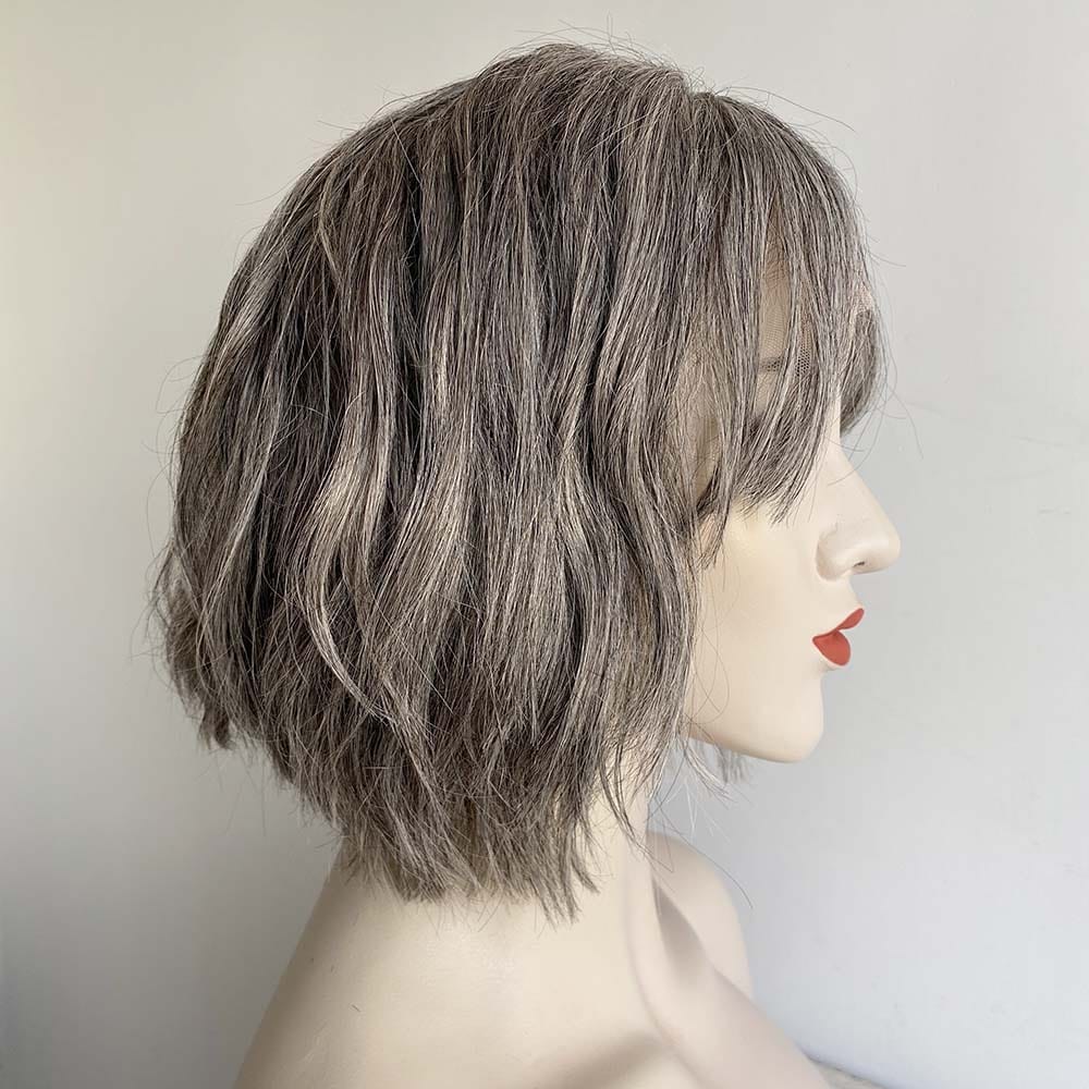 nevermindyrhead Grey Human Hair Wigs For Women Lace Front With Bang Short Bob Wavy Salt And Pepper