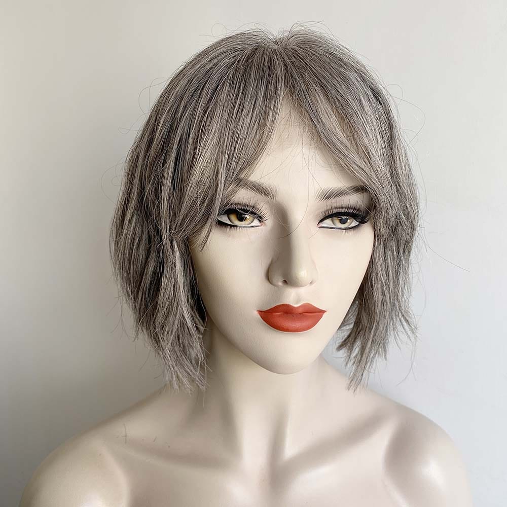 nevermindyrhead Grey Human Hair Wigs For Women Lace Front With Bang Short Bob Wavy Salt And Pepper