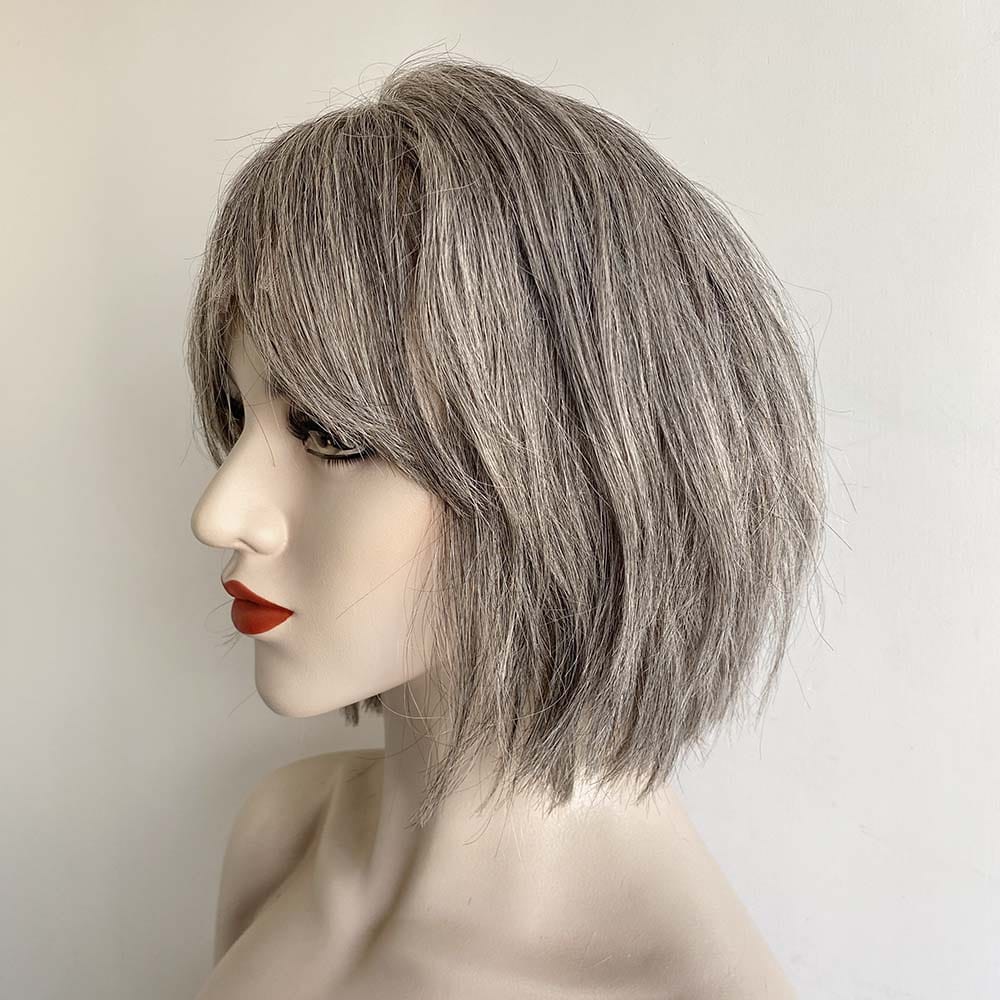 nevermindyrhead Grey Human Hair Wigs For Women Lace Front With Bang Short Bob Wavy Salt And Pepper