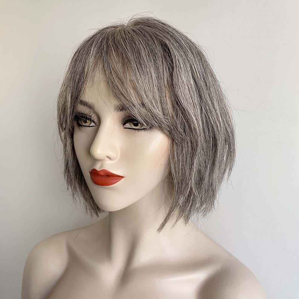 nevermindyrhead Grey Human Hair Wigs For Women Lace Front With Bang Short Bob Wavy Salt And Pepper