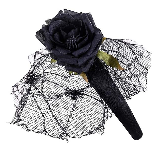 nevermindyrhead Halloween Headband for Women Black Rose Spider Net Lace Hair Accessories
