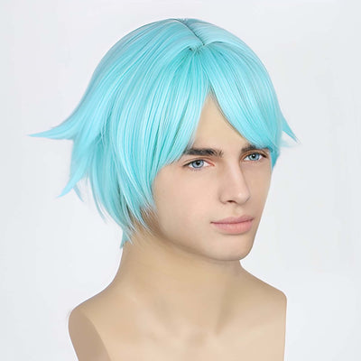 Men Aqua Blue Short Straight Fringe Bangs Anime Cosplay Wig With Top Parting