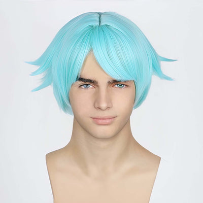 Men Aqua Blue Short Straight Fringe Bangs Anime Cosplay Wig With Top Parting