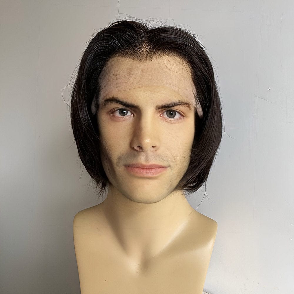 nevermindyrhead Men Black Human Hair Wig Widows Peak 13X6 Lace Front Short Straight For Cosplay Costume Black
