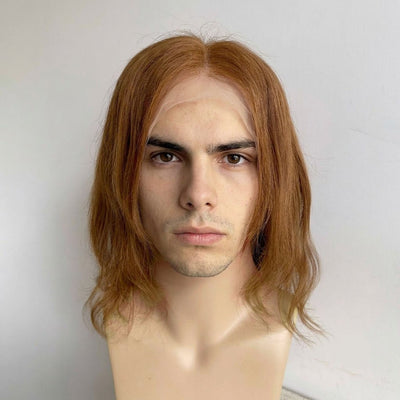 Men Brown Human Hair Wig Lace Front 60s Retro Hippie Style Middle Part Long Straight