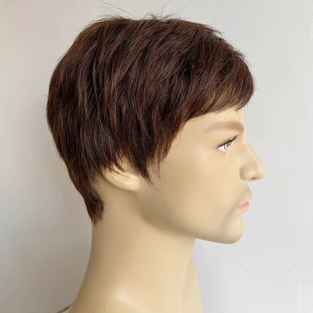 nevermindyrhead Men Dark Brown Human Hair Wig Flat Bangs Short Straight Gift For Husband Father