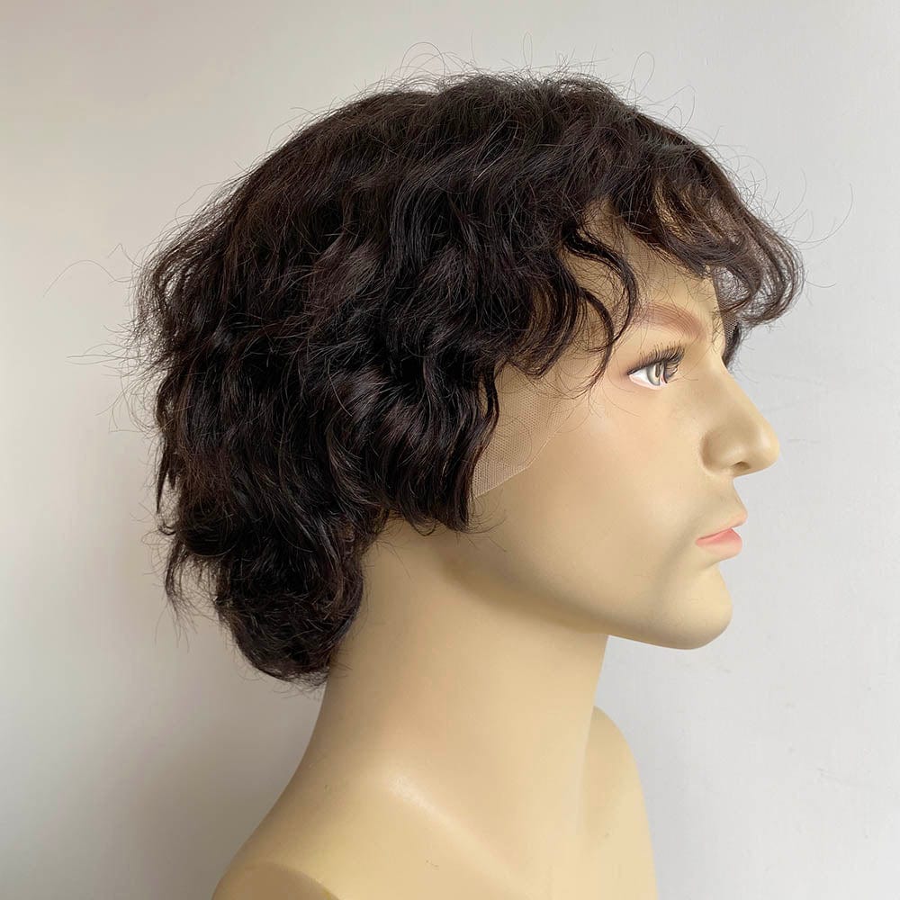 nevermindyrhead Men Human Hair Foam Wig Black 13X6 Lace Front Curly Short With Bangs Cosplay Costume