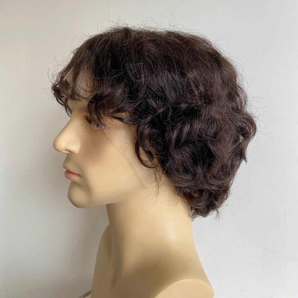 nevermindyrhead Men Human Hair Foam Wig Black 13X6 Lace Front Curly Short With Bangs Cosplay Costume