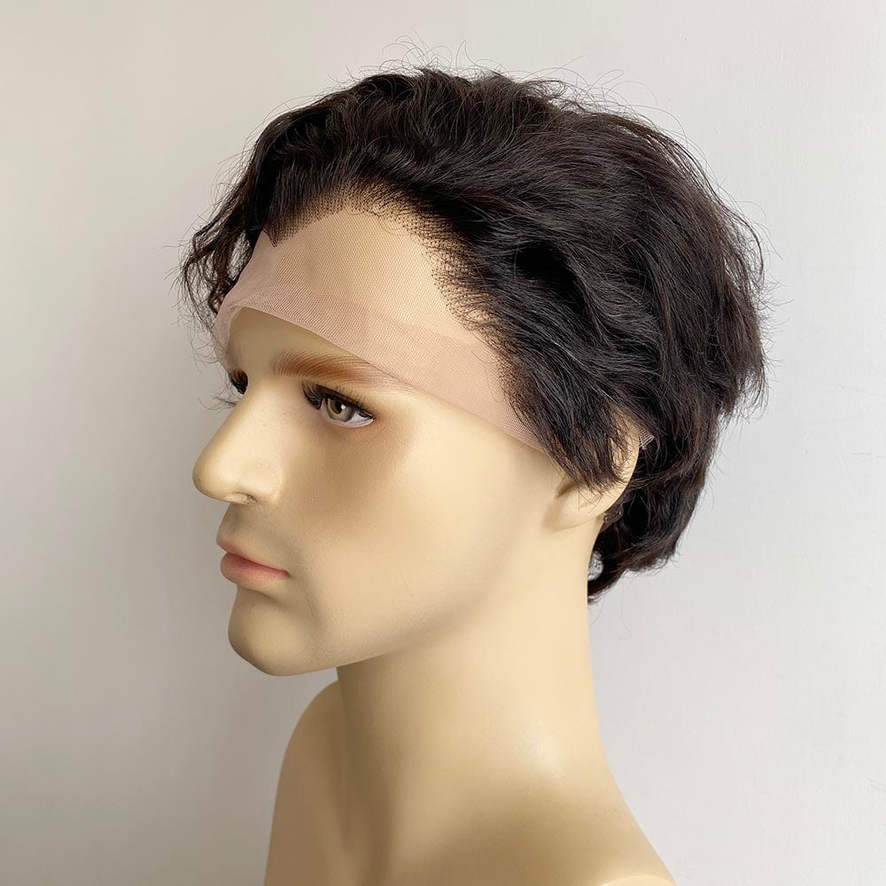 nevermindyrhead Men Human Hair Wig Black 13X6 Lace Front Short Curly Widows Peak Hairline