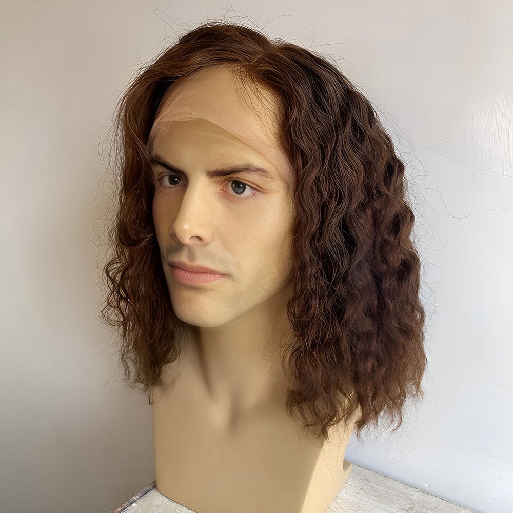 nevermindyrhead Men Human Hair Wig Brown Lace Front Long Curly Costume Cosplay Halloween 13X6 Side Part Hairline