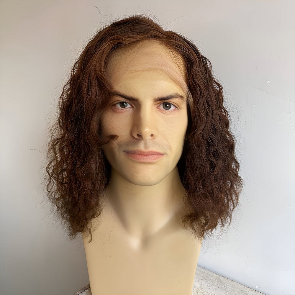 nevermindyrhead Men Human Hair Wig Brown Lace Front Long Curly Costume Cosplay Halloween 13X6 Side Part Hairline Brown
