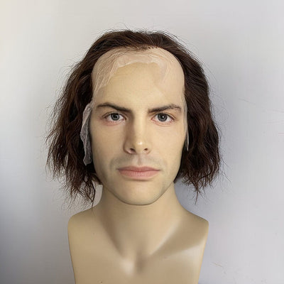 Men Human Hair Wig Dark Brown Receding Hairline Short Curly Lace Front Costume Cosplay