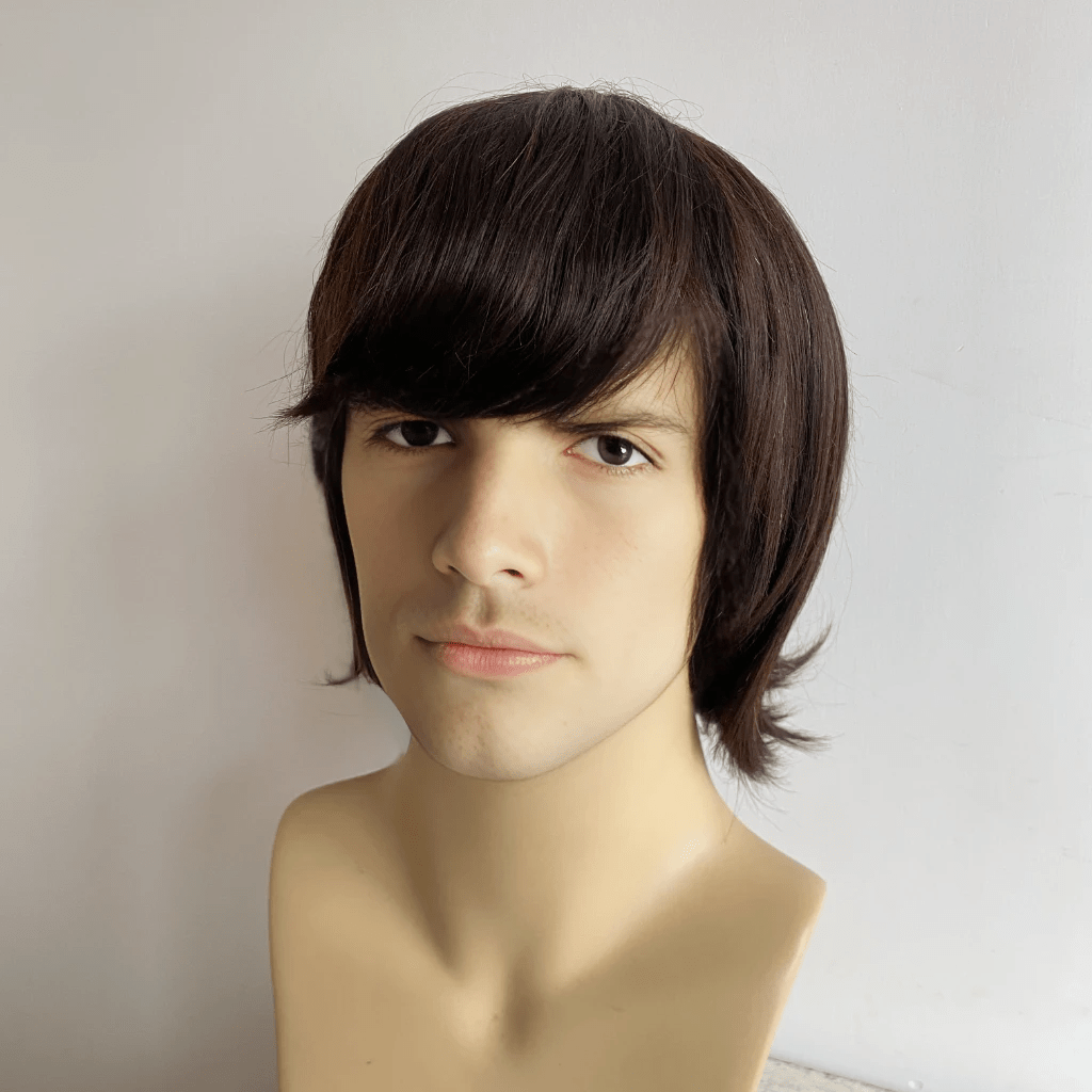 nevermindyrhead Men Human Hair Wig Dark Brown Short Straight Thick Bangs Cosplay 60s Retro Rock Mod Nostalgic Style