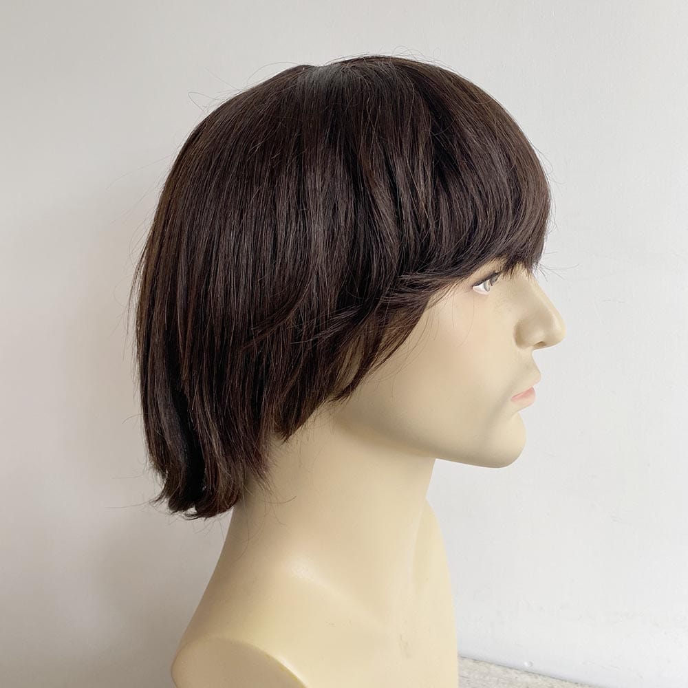 nevermindyrhead Men Human Hair Wig Dark Brown Short Straight Thick Bangs Cosplay 60s Retro Rock Mod Nostalgic Style