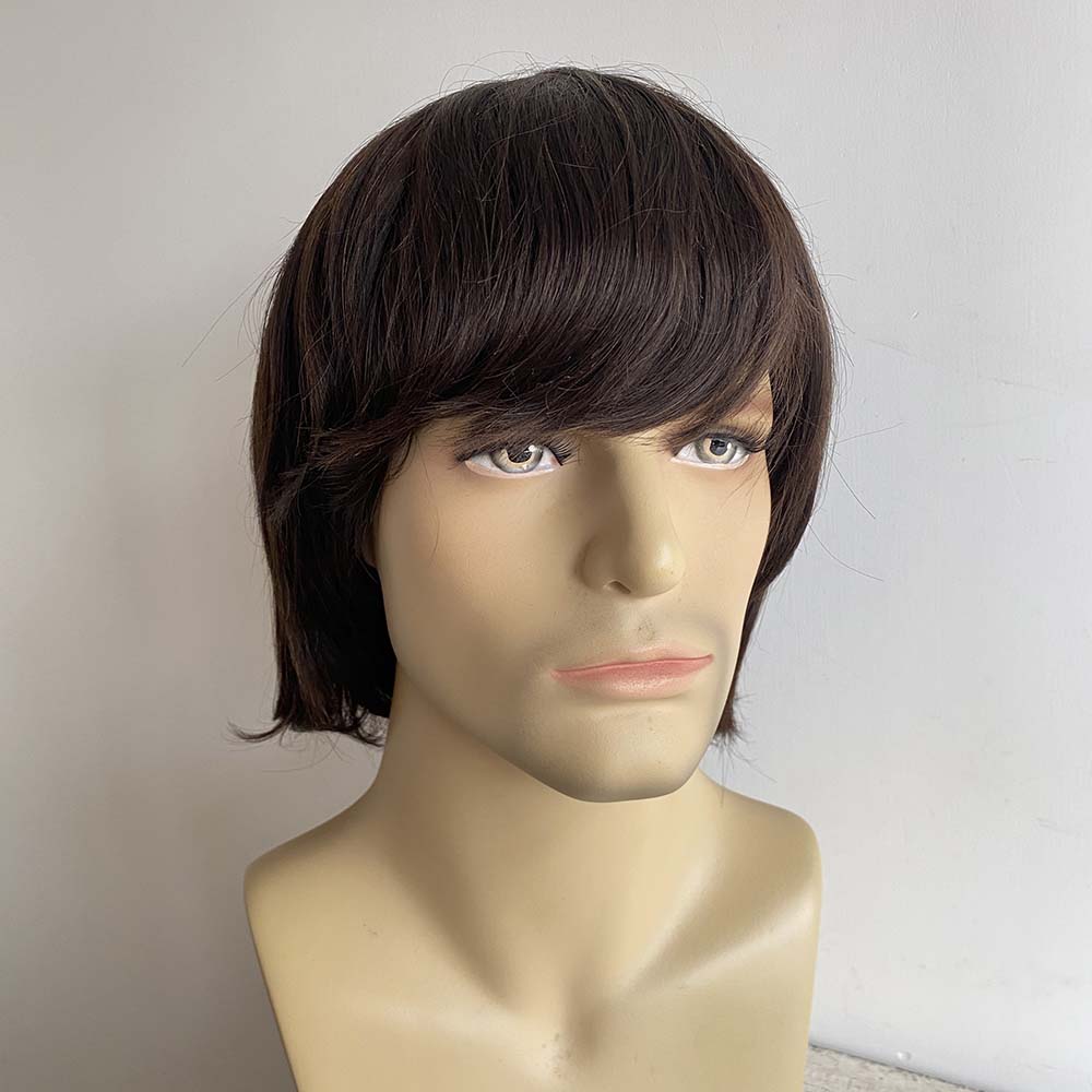 nevermindyrhead Men Human Hair Wig Dark Brown Short Straight Thick Bangs Cosplay 60s Retro Rock Mod Nostalgic Style