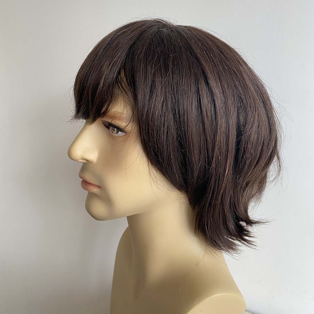 nevermindyrhead Men Human Hair Wig Dark Brown Short Straight Thick Bangs Cosplay 60s Retro Rock Mod Nostalgic Style