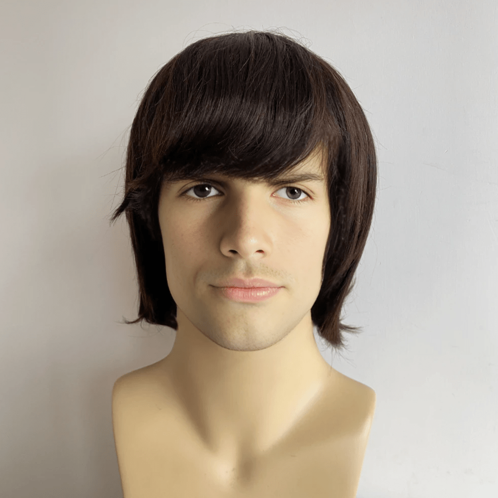 nevermindyrhead Men Human Hair Wig Dark Brown Short Straight Thick Bangs Cosplay 60s Retro Rock Mod Nostalgic Style Brown