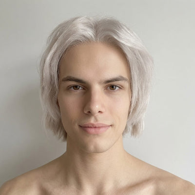 Men Human Hair Wig Silver Platinum Blonde Lace Front Short Straight For Costume Cosplay