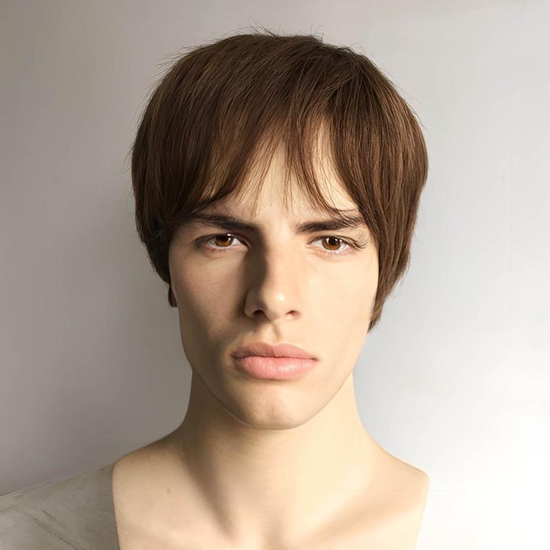 nevermindyrhead Men Light Brown Human Hair Wig With Bangs Short Straight Shaggy Natural Looking