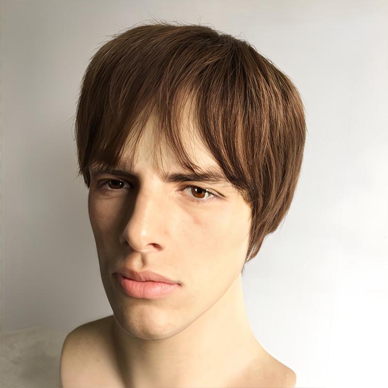 nevermindyrhead Men Light Brown Human Hair Wig With Bangs Short Straight Shaggy Natural Looking