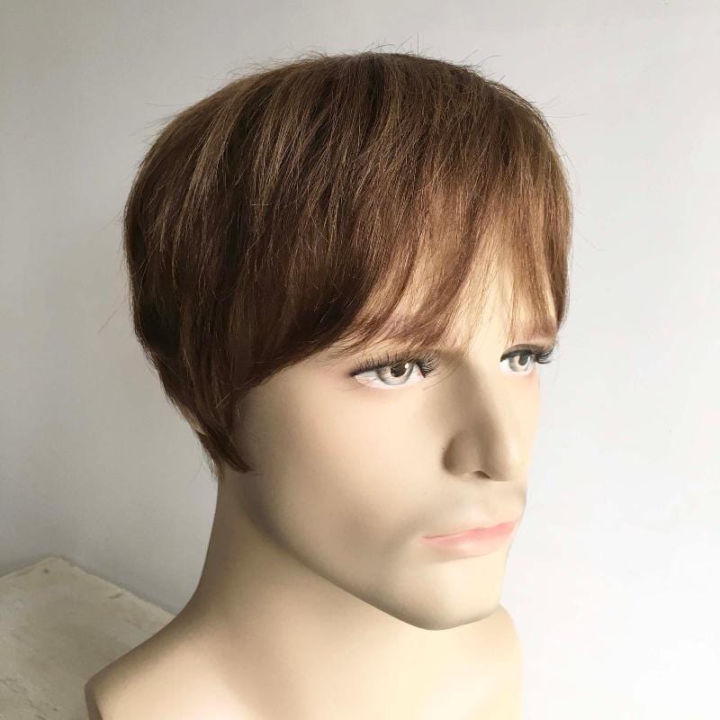 nevermindyrhead Men Light Brown Human Hair Wig With Bangs Short Straight Shaggy Natural Looking