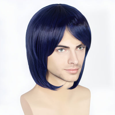 Men Navy Dark Blue Medium Length Straight Side Swept Long Bangs Cosplay Wig