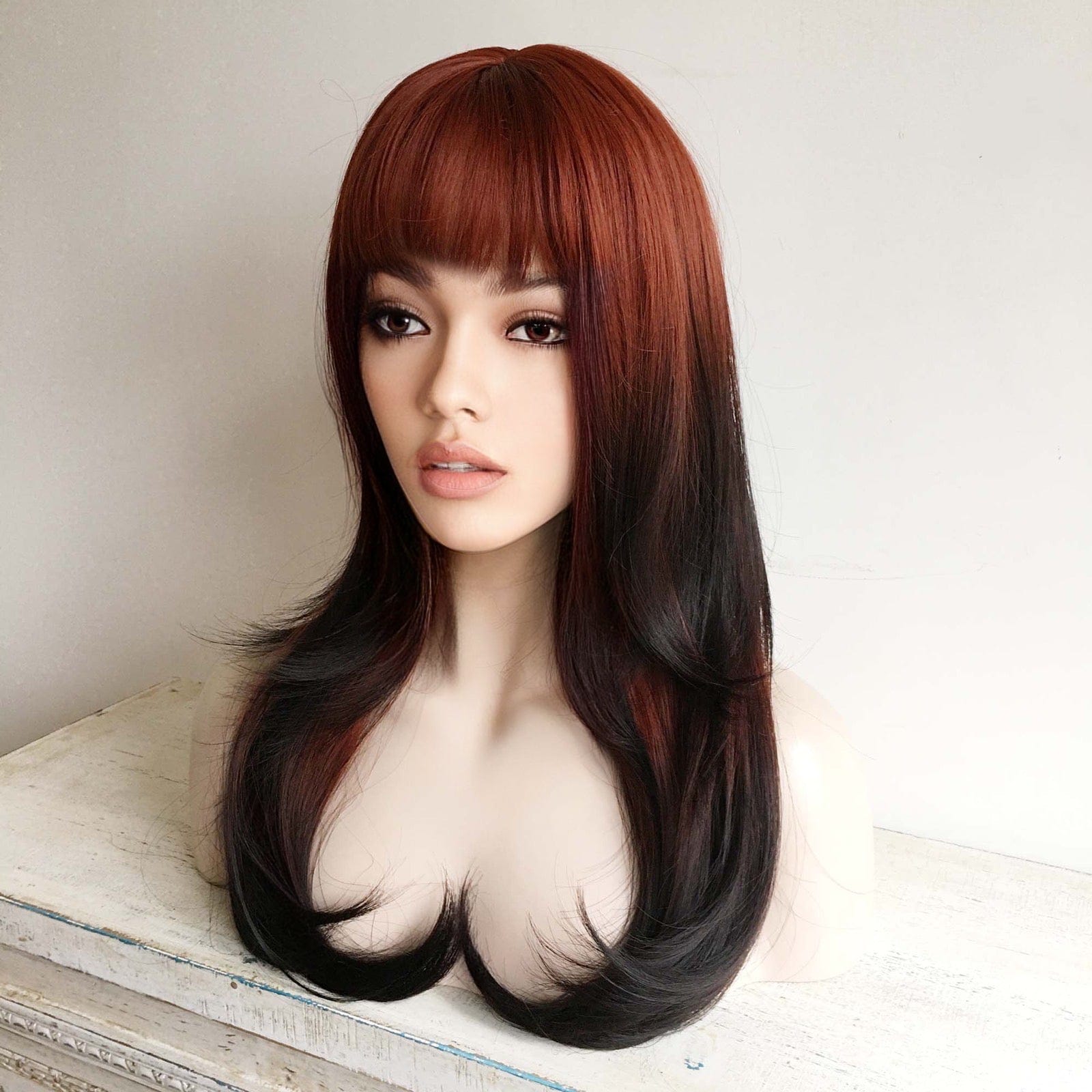 nevermindyrhead Red Wig Ombre Auburn And Black Long Straight Synthetic Women Bangs Wig