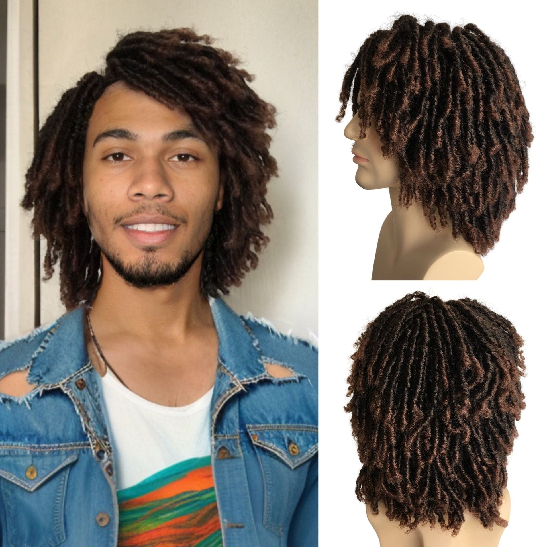 nevermindyrhead Short Dreadlocks Men Wig Afro Bob Crochet Twist Hair Synthetic Black Faux Locs Braids Dark Brown