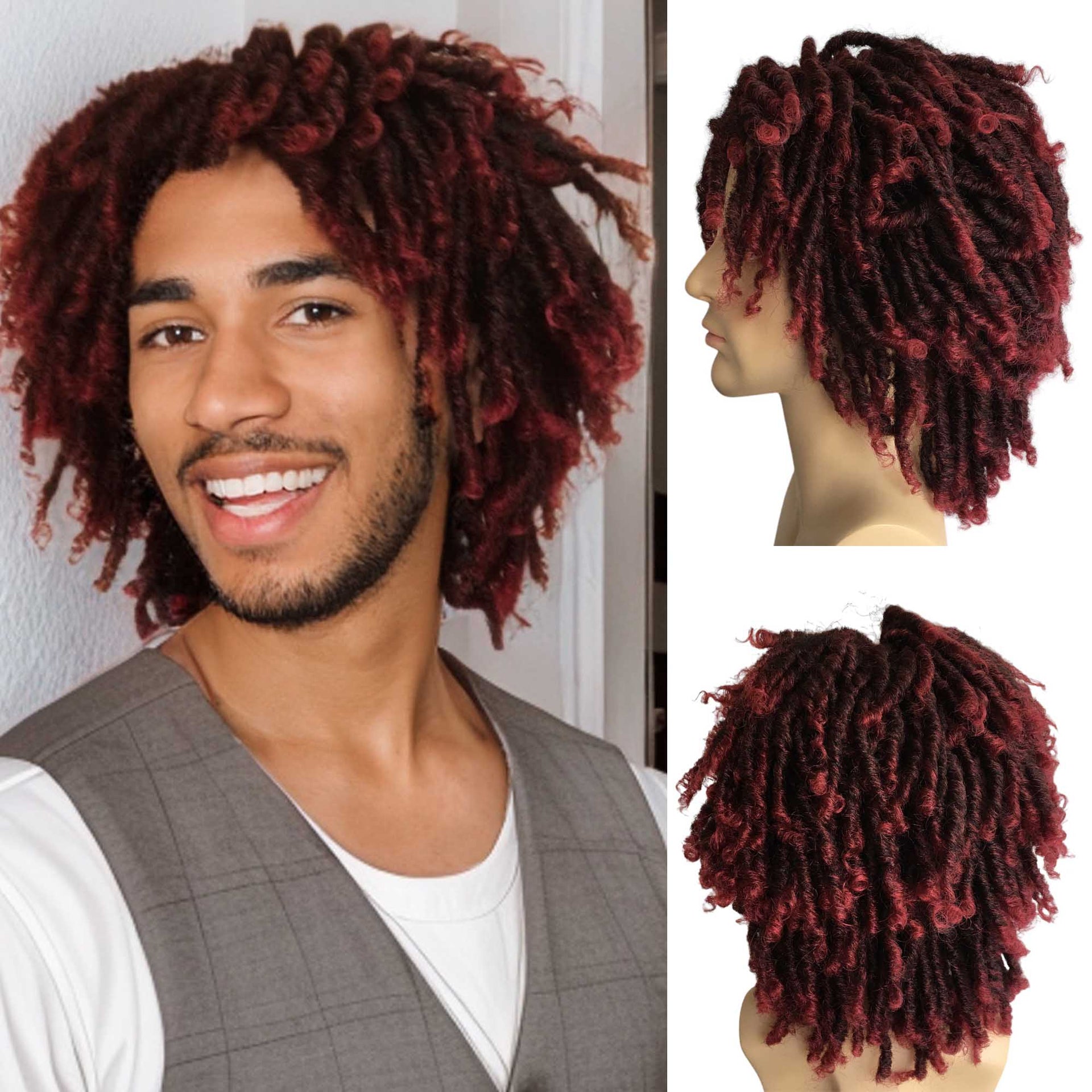 nevermindyrhead Short Dreadlocks Men Wig Afro Bob Crochet Twist Hair Synthetic Black Faux Locs Braids Red