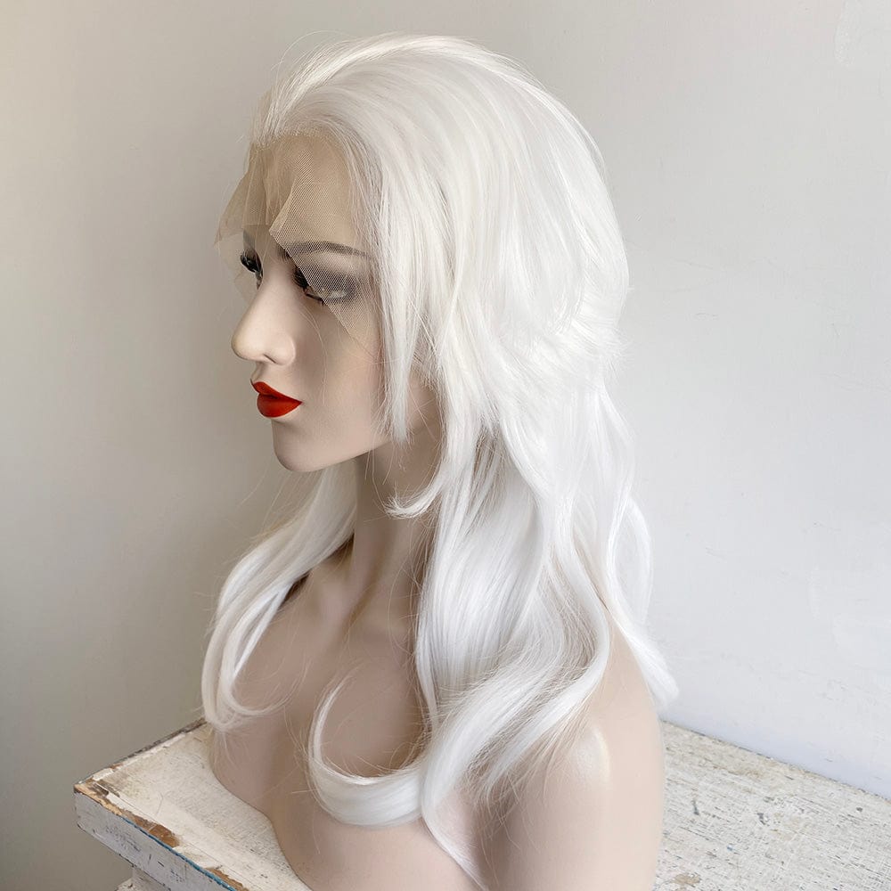 nevermindyrhead White Lace Front Cosplay Wig For Women Wolf Cut Long Straight Widows Peak Hairline Emo