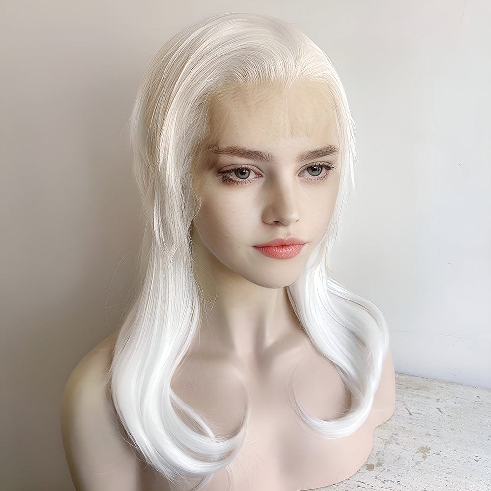 nevermindyrhead White Lace Front Cosplay Wig For Women Wolf Cut Long Straight Widows Peak Hairline Emo