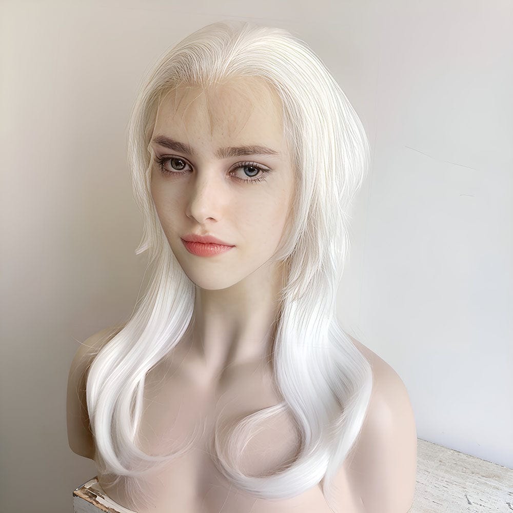 nevermindyrhead White Lace Front Cosplay Wig For Women Wolf Cut Long Straight Widows Peak Hairline Emo