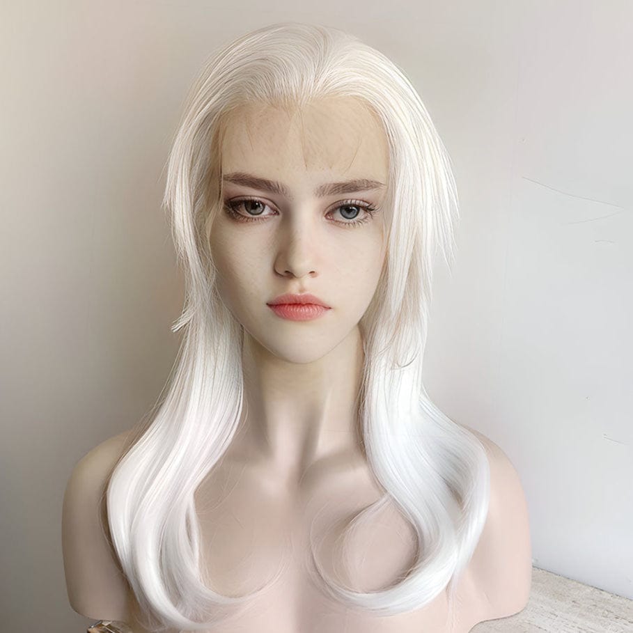 nevermindyrhead White Lace Front Cosplay Wig For Women Wolf Cut Long Straight Widows Peak Hairline Emo