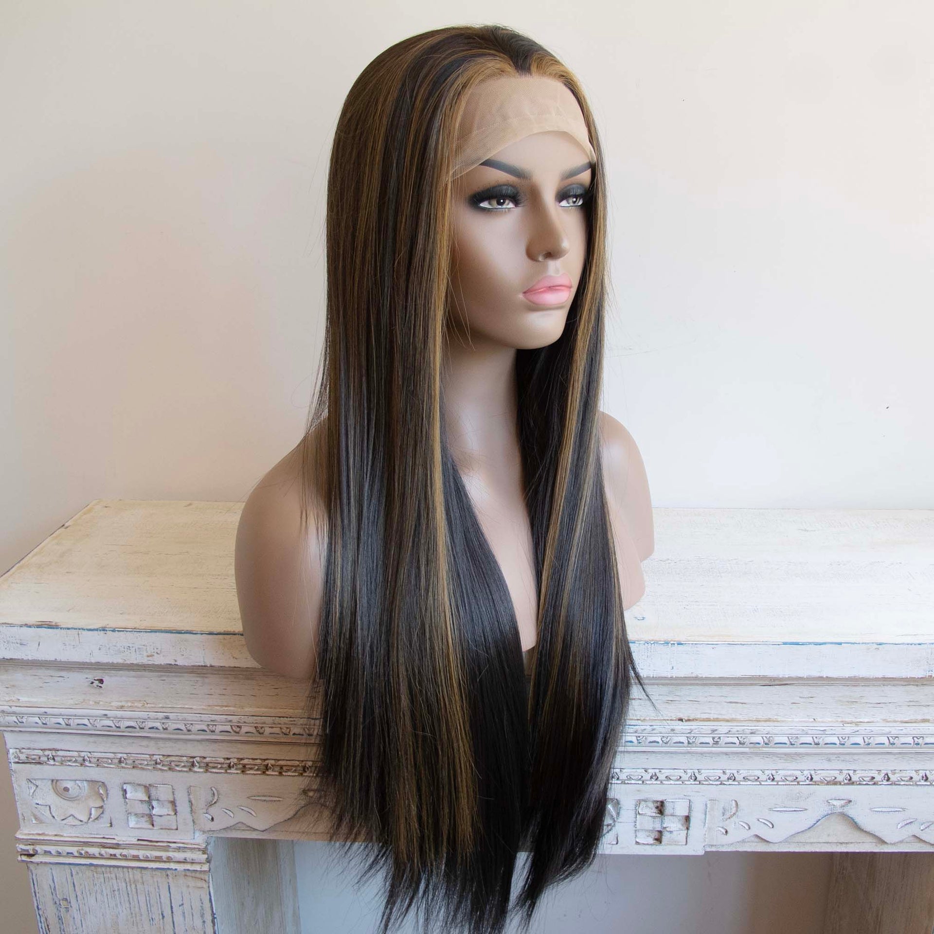 nevermindyrhead Women Black Honey Blonde Highlight Lace Front Slicked Long Straight Hair Wig 24 Inches
