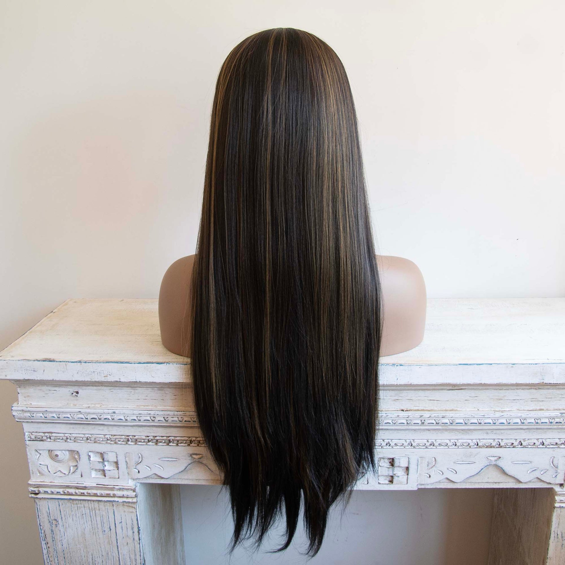 nevermindyrhead Women Black Honey Blonde Highlight Lace Front Slicked Long Straight Hair Wig 24 Inches