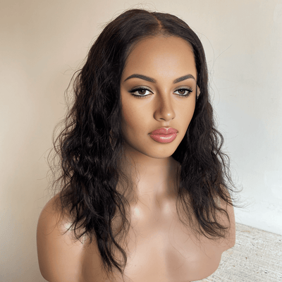 Women Black Human Hair Wig Lace Front Long Curly Middle Part Natural Looking Realistic 14 Inches