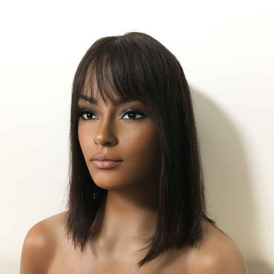 Women Black Real Human Hair Medium Length Straight Bob Fringe Bangs Wig
