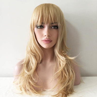 Women Blonde Long Wavy Fringe Bangs Layered Wig